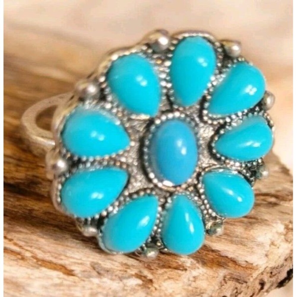 Vintage 1970s Southwestern  Faux Turquoise Cluster Ring Silver Tone Boho Sz 7